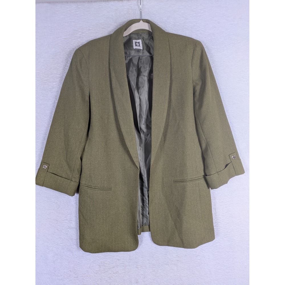Anne Klein Blazer Women's M Olive Green Open Front Shawl Collar 3/4 Sleeve